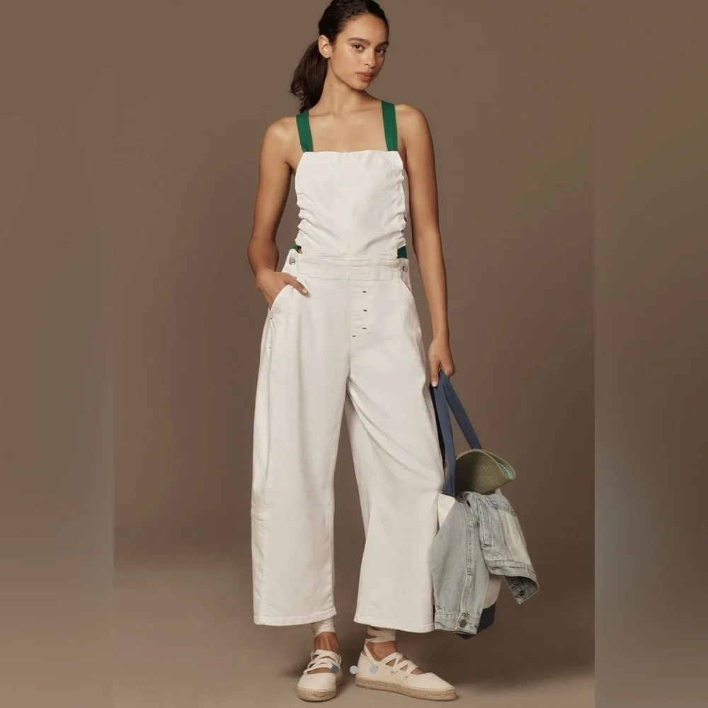 Anthropologie Pilcro Kenna Heritage White & Green Barrel Overalls • S • NWT - Picture 2 of 14